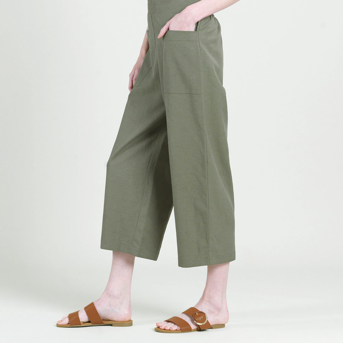 Linen Knit - Front Pocket Low Drop Cropped Pant - Olive