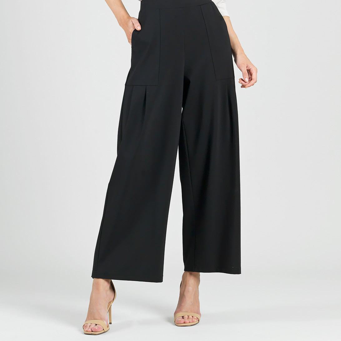 Rayon-Ponte Knit - Pleated Wide Leg Pocket Pant - Black