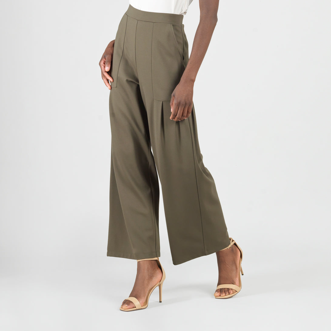 Rayon-Ponte Knit - Pleated Wide Leg Pocket Pant - Olive - Limited
