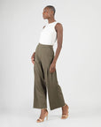 Rayon-Ponte Knit - Pleated Wide Leg Pocket Pant - Olive