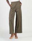 Rayon-Ponte Knit - Pleated Wide Leg Pocket Pant - Olive
