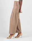 Rayon-Ponte Knit - Pleated Wide Leg Pocket Pant - Taupe