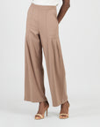 Rayon-Ponte Knit - Pleated Wide Leg Pocket Pant - Taupe