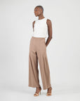 Rayon-Ponte Knit - Pleated Wide Leg Pocket Pant - Taupe