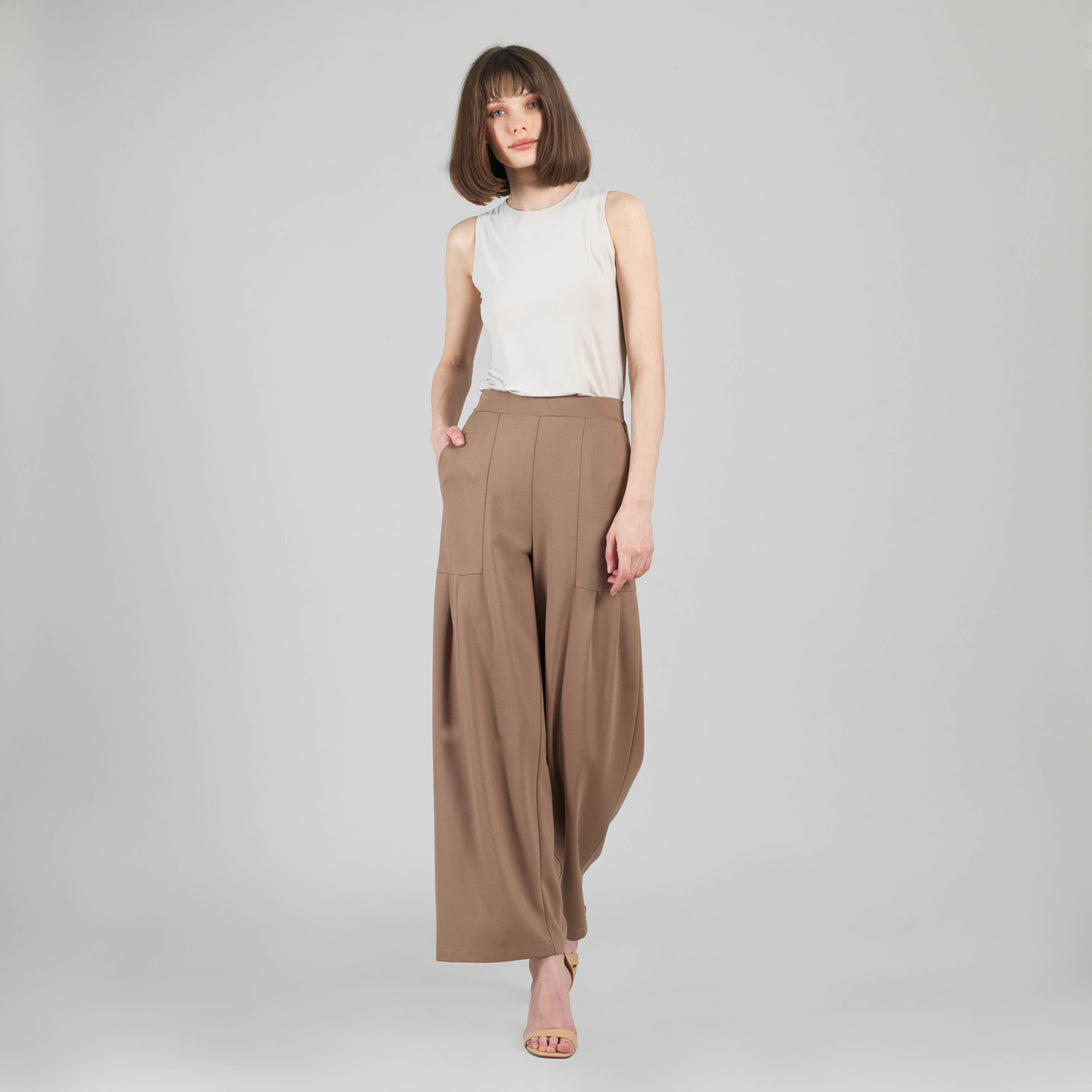 Rayon-Ponte Knit - Pleated Wide Leg Pocket Pant - Taupe - Limited