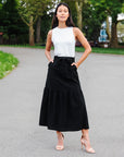 Linen Knit - Tie Waist Tiered Maxi Skirt - Black