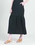 Linen Knit - Tie Waist Tiered Maxi Skirt - Black