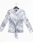Cozy Shimmer Texture - Center Front Tie Sweater Top - Snow Leopard