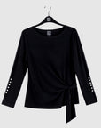 Pearl Cuff Side Tie Waist Top - Black