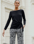 Pearl Cuff Side Tie Waist Top - Black