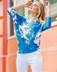 Crushed Silk - Half & Half Sleeve Top - Blue-Dreamy Floral - Final Sale