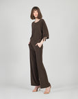 Pull-Tie Cuff Blouson Top - Brown