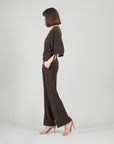 Pull-Tie Cuff Blouson Top - Brown