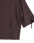 Pull-Tie Cuff Blouson Top - Brown