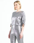 Glitter Foil - Pull-Tie Cuff Blouson Top - Gunmetal - Final Sale!