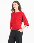 Pull-Tie Cuff Blouson Top - Red