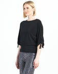 Pull-Tie Cuff Blouson Top - Black