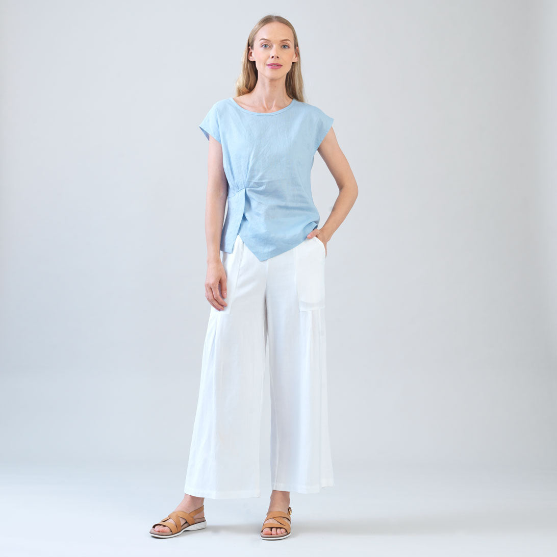 パンツ upper hights THE CLARA 22 CYANBLUE Soft Cotton - Cap Sleeve Stitch Overlay Top - Powder Blue – Clara