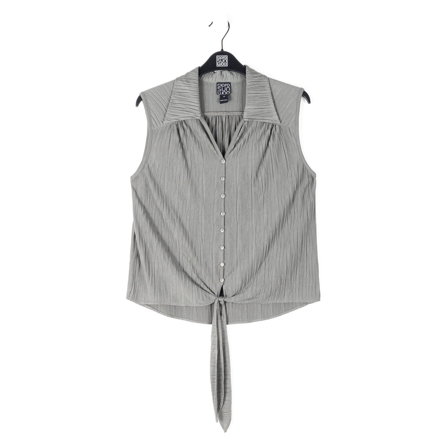 Soft Pleat Knit - Sleeveless Button Down Tie Hem Top - Olive