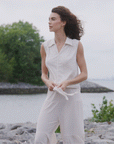 Soft Pleat Knit - Sleeveless Button Down Tie Hem Top - Ivory - Final Sale!