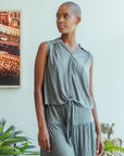 Soft Pleat Knit - Sleeveless Button Down Tie Hem Top - Olive - Final Sale!