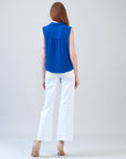 Soft Textured Rayon - Sleeveless Button Down Tie Hem Top - Cobalt