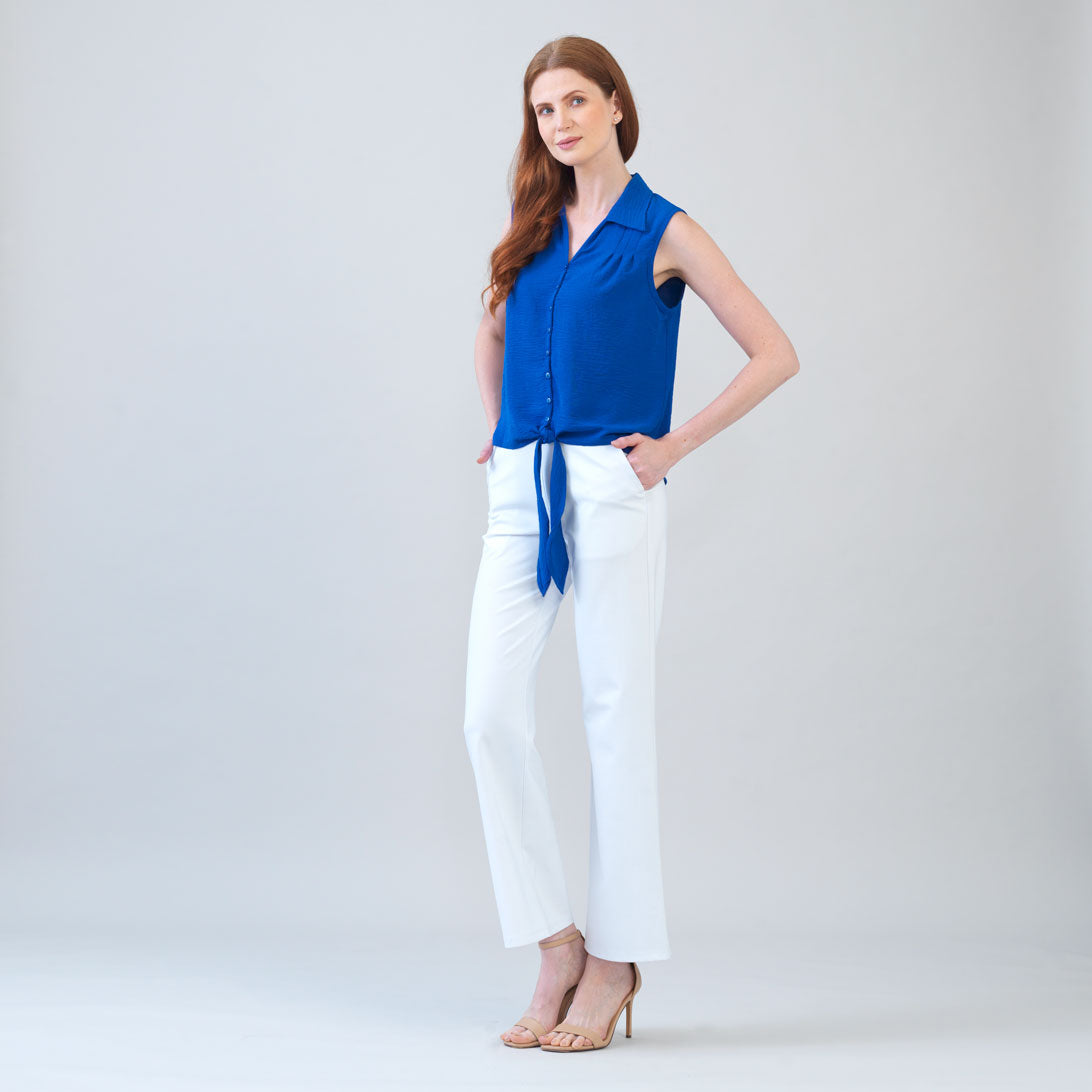 マディソンブルー  SLEEVELESS TIE BL L.OX Soft Textured Rayon - Sleeveless Button Down Tie Hem Top - Cobalt