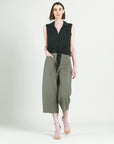 Linen Knit - Front Pocket Low Drop Cropped Pant - Olive