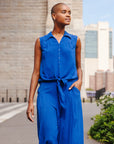 Soft Textured Rayon - Sleeveless Button Down Tie Hem Top - Cobalt