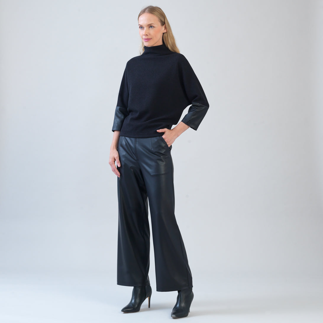 Plush Ribbed - Liquid Leather Cuff Sweater Top - Black - Limited