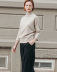 Plush Ribbed - Funnel Neck Sweater Top - Natural