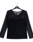 Mesh Insert Surplice Neck Top - Black