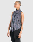 Shimmer Sequin - Mock Neck-Tie Detail Top - Silver Pinstripe - Final Sale
