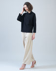 Plush Ribbed - Crossover Petal Neck Sweater - Black