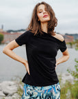 Angular Drape Neck Off Shoulder Top - Black