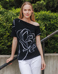 Angular Drape Neck Off Shoulder Top - Floral Outline