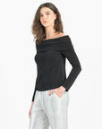Ultra Cozy - Ruched Off-Shoulder Sweater Top - Black - Final Sale