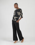 Banded Hemline Elbow Sleeve Top - Linear Geo
