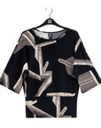 Banded Hemline Elbow Sleeve Top - Linear Geo