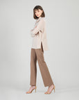 Faux Cashmere - Cowl Turtleneck Side Vent Sweater Tunic - Natural