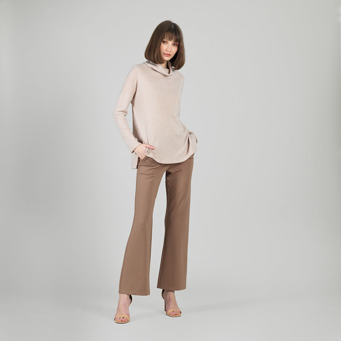 Faux Cashmere - Cowl Turtleneck Side Vent Sweater Tunic - Natural