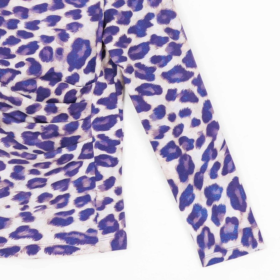 Foil Knit - Draped Neck Side Ruched Top - Plum Cheetah - Final Sale!