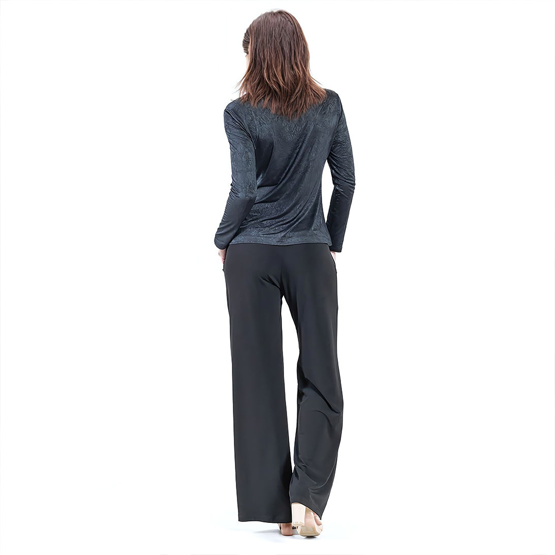 Crushed Silk Knit - Draped Neck Side Ruched Top - Black - Final