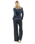 Crushed Silk Knit - Draped Neck Side Ruched Top - Black