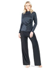 Crushed Silk Knit - Draped Neck Side Ruched Top - Black - Final Sale!