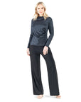 Crushed Silk Knit - Draped Neck Side Ruched Top - Black