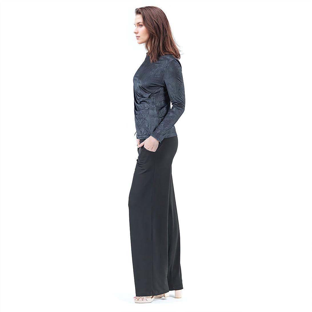 Crushed Silk Knit - Draped Neck Side Ruched Top - Black - Final
