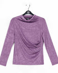 Crushed Silk Knit - Draped Neck Side Ruched Top - Plum