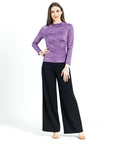 Crushed Silk Knit - Draped Neck Side Ruched Top - Plum