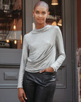 Glimmer Lamé - High Boat Neck Side Draped Top - Silver - Final Sale!